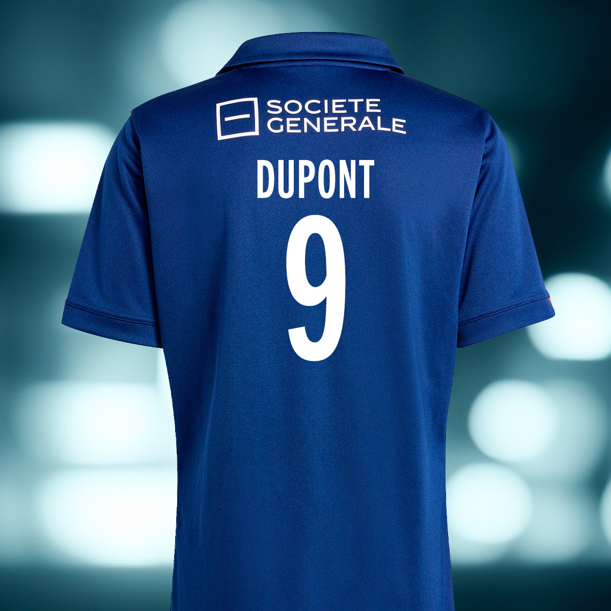 Shop Shirt Personalisation Back of a France rugby home shirt with the name Dupont and number 9